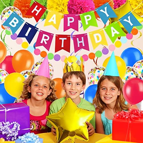 Multicolor Birthday Decorations - Happy Birthday Banner, Paper Pompoms, Confetti, Balloons, Hanging Garland, Swirl Streamers for Boys and Girls Party Decor - Image 2