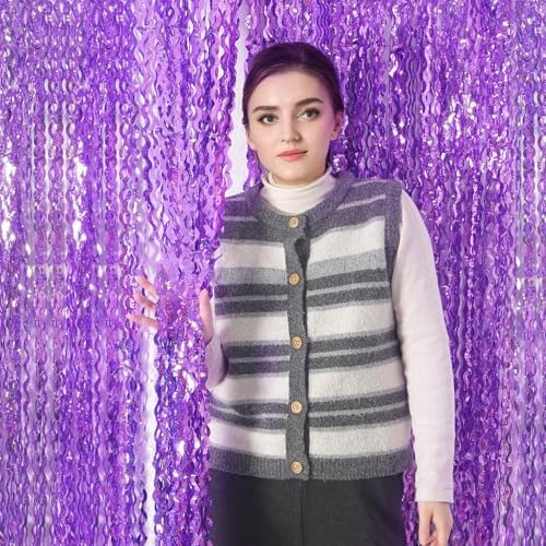 4 Pack Sparkle Wavy Purple Tinsel Curtain Party Backdrop - 3.3X6.6ft Foil Fringe Curtain Party Photo Booth Streamers for Mermaid Euphoria Themed Decorations - Image 4