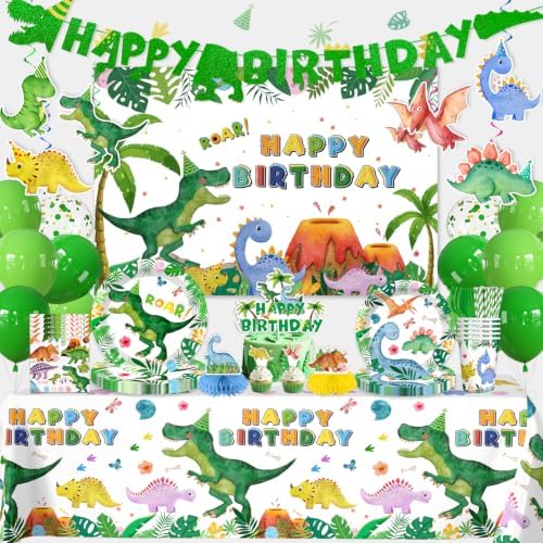 206Pcs cocomigo Dinosaur Birthday Decorations Tableware Set, 25 Serves by cocomigoPartyHome