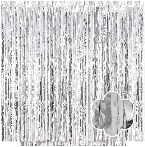 5 Pack Silver Foil Curtain Backdrop 3.2ft x 9.8ft Metallic Tinsel Foil Fringe Curtains Streamer Photo Booth Backdrop for Birthday Party Engagement Bachelorette Party Decorations (Silver) by Ohiyoo
