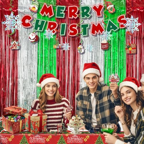 Christmas Party Decorations Set, Merry Christmas Banner, Multicolor Fringe Curtains, Xmas Tree Deer Tablecloth, Santa Cake Topper, Foil Balloons, Snowman Hanging Snowflakes Swirls - Image 4