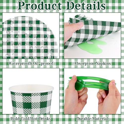 175 Pcs Green Gingham Party Supplies Set For 25 Guests - Image 3