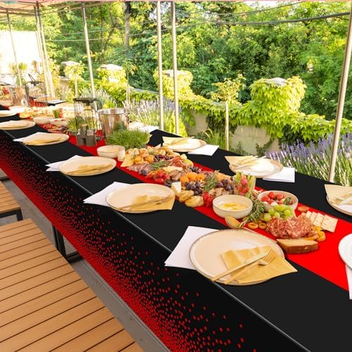 MASHAN 6Pcs Black and Red Tablecloth Party Decorations,Plastic Black Table Cloth Printed Red Table Runner Disposable Rectangle Cover for Birthday Weeding Anniversary Graduation Party,54 x108 Inch - Image 7