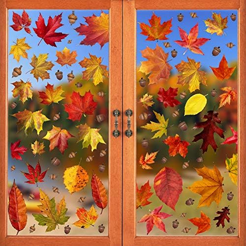 CCINEE 216pcs Maple Window Clings 6 Sheets Fall Leaves Assorted Maple Oak Leaves Acorns Window Stickers for Autumn Thanksgiving Halloween Seasonal Holiday Glass Window Decorations by CCINEE