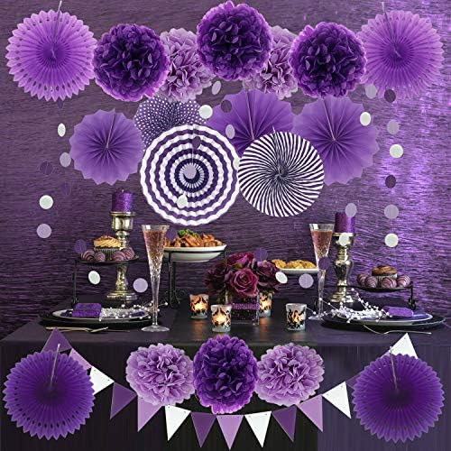 ZERODECO Party Decoration, 21 Pcs Purple and Lavender Hanging Paper Fans, Pom Poms Flowers, Garlands String Polka Dot and Triangle Bunting Flags for Birthday Parties, Wedding, Mermaid Party - Image 6