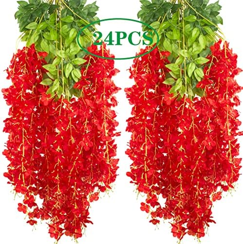 AITISOR 24 Pack Artificial Fake Wisteria Vine Ratta (3.75 Feet) Hanging Garland Silk Flowers String Home Party Wedding Decor (Red) - Image 3