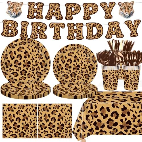 142PCS Leopard Print Party Decorations,Jungle Animal theme Decorations Include Tableware, Plate, Cup, Napkin, Cutlery, Animal Cheetah Print Birthday Party Supplies Serve 20 by Kilyparty