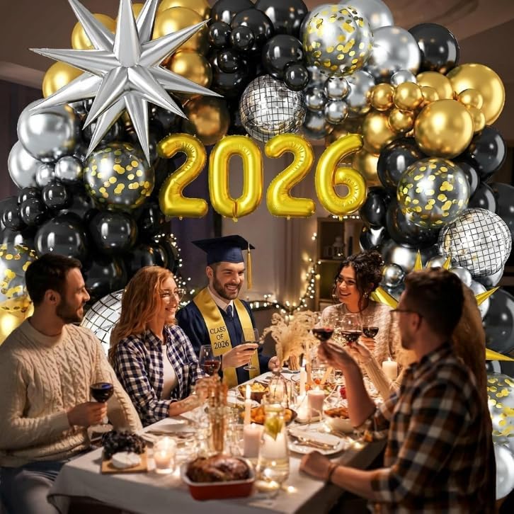 2026 Graduation Balloon Garland Arch Kit, Black Gold Silver Balloon Arch Class of 2026 Graduation Decorations Disco Star Balloons for Grad Celebrations Birthday Party Decorations - Image 6