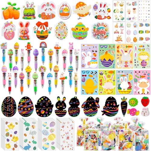 24 Pack Easter Party Favors Classroom Gifts Set with Classic Spring Designs, Easter Goodie Bags with Notebooks Pens Stickers Tattoos Scratch Art for Classroom Gifts Basket Stuffers by Unknown