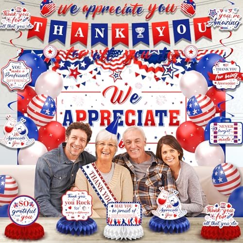 We Appreciate You Party Decorations Red Blue Thank You for All You Do Banner Honeycomb Centerpieces Hanging Swirls for Men Labor Day Office Employee Pastor Teacher Doctor Appreciation Party Supplies - Image 2