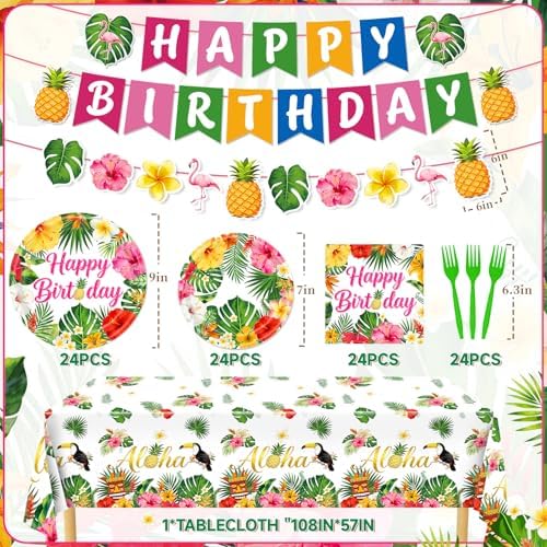 REDWORD Hawaiian Birthday Party Decorations, 99Pcs Hawaiian Plates and Napkins-Serve 24 With Birthday Banner Tablecloth Disposable Luau Plates for Luau Birthdays Tropical Summer BBQ Party Decorations - Image 2