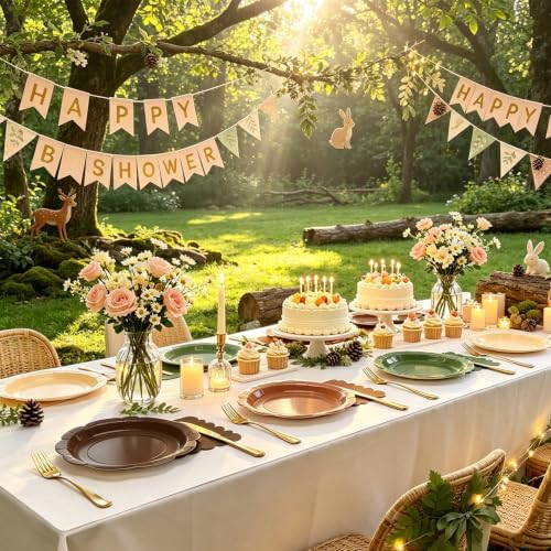 96Pcs Woodland Plates and Napkins Party Supplies,9 Inch Sage Green Brown Neutral Disposable Plates,6.5" Scalloped Napkins,Animals Safari Baby Shower Party Decorations for Birthday,Serves 48 - Image 2