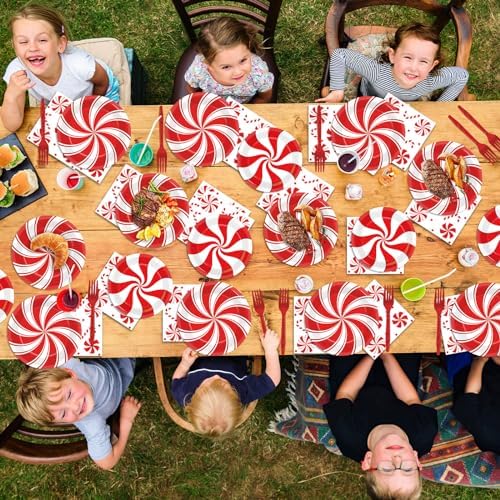 96pcs Christmas Peppermint Candy Paper Plates Party Supplies Tableware Set Candy Mint Party Supplies for Holiday Xmas Red and White Striped Peppermint Disposable Dinnerware Decorations 24 Guest - Image 4