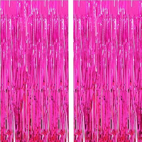 2 Pcs 3.2ft x 8.2ft Shiny Hot Pink Metallic Tinsel Foil Fringe Curtains Photo Booth Backdrop for Birthday Wedding Holiday Celebration Bachelorette Party Decorations by i-CHONY