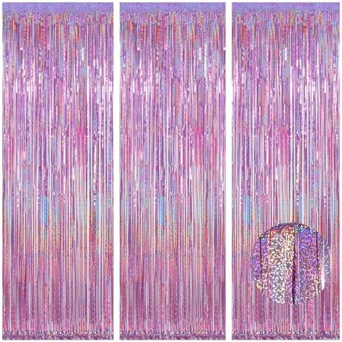 Pinkish Purple Fringe Curtain Backdrop 3 Pack, 3.2 x 8.2 FT Decorations by Melsan