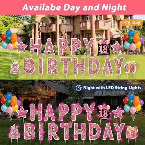 18 Pcs Happy Birthday Yard Sign with Stakes, Pink Happy Birthday Yard Sign with 49.2 Ft LED Light, 16 In Large Personalized Happy Birthday Sign, Waterproof Lawn Garden Birthday Party Decorations - Image 6