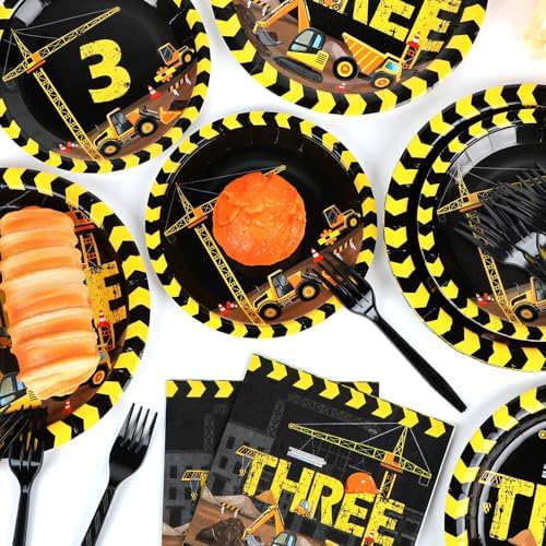 100 Pcs Construction 3rd Party Plates and Napkins Set 3 Years Old Birthday Decorations Construction Party Supplies Tableware Dump Truck Themed Favors for Birthday Party Decor Serves 25 - Image 5