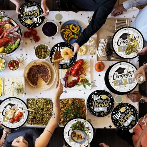 Graduation Decorations 2026 Black and Gold Grad Party Supplies with Disposable Plates, Napkins, Tablecloth, Cups and Congrats Grad Banner for 24 Guests - Graduation Party Decorations - Image 5