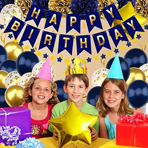 Navy Blue and Gold Happy Birthday Decorations with Banner, Paper Pompoms for Boys, Girls, Men, Women - Party Decorations Supplies - Image 6