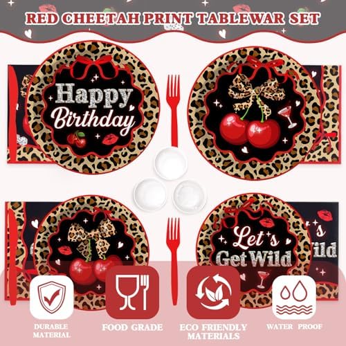 Kinovo 206 pcs Cheetah Print Birthday Decorations-Serves 24, Red Black Cherry Leopard Party Supplies Y2K with Plates Napkins Tablecloth Banner Balloons Cake Topper for Womens - Image 7