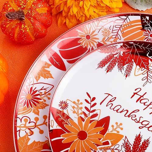 Rubtlamp 60PCS Thanksgiving Plastic Plates, White Orange Pumpkin Plates, Red Disposable Plates with Maple Leaves, Fall Disposable Plates Include 30 Dinner Plates, 30 Salad Plates For Thanksgiving - Image 4