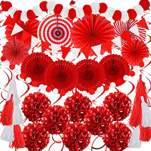ZERODECO Party Decorations, 41 Pcs Red Papar Fans Pompoms Garlands String Tissue Paper Tassel for Graduation Congrats Grad New Years Spring Festival Wedding Birthday Party by ZERODECO