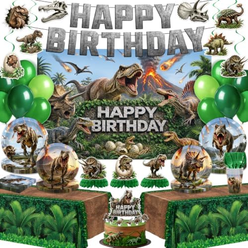 182 Pcs Dinosaur Birthday Party Decorations (Serves 24), Dino Party Decorations Include Banner Hanging Plates Napkins Cups Forks Knifes Tablecloth Topper Balloons for Party by Kinovo
