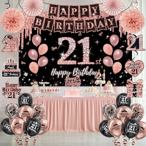 50Pcs 21st Birthday Decorations for Her, Rose Gold&Black Pre-Assembled Set. - Image 3