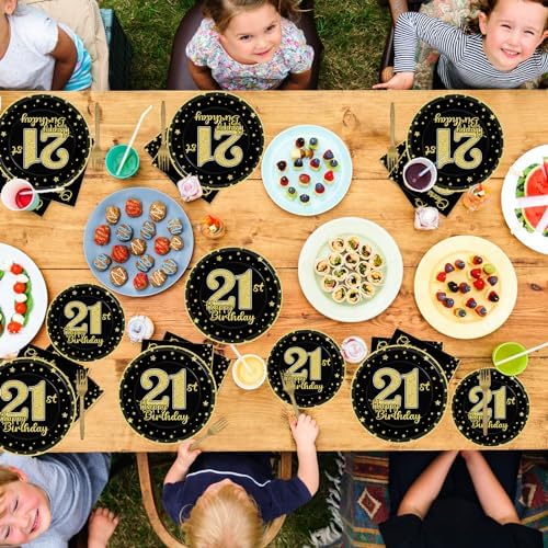 96 Pcs 21st Birthday Party Supplies for 24 Guests Cheers to 21 Years Tableware Table Decorations Black Gold 21st Birthday Plates Napkins Dinnerware for Boys Girls 21 Years Old Party Favor - Image 5