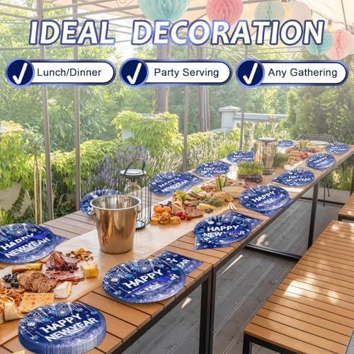 100PCS Happy New Year Party Plates and Napkins Party Supplies Blue 2026 New Year's Eve Platters Dessert Cake Tableware Set Party Decor Favor for New Year Evening Party Celebration Decoration Serves 25 - Image 6