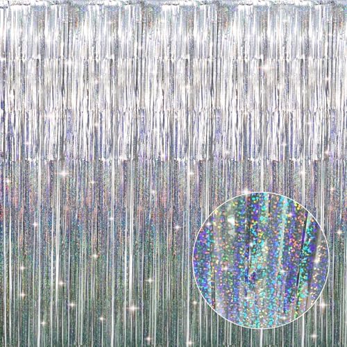 GOER 3.2 ft x 8.2 ft Metallic Tinsel Foil Fringe Curtains Party Photo Backdrop Party Streamers for Birthday,Graduation,New Year Eve Decorations Wedding Decor (1 Pack, Shiny Silver) by GOER