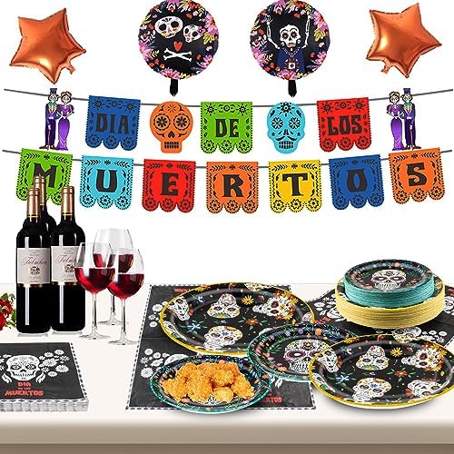 180Pcs Day of the Dead Party Supplies Paper Plates and Napkins Serve 60 - Image 7