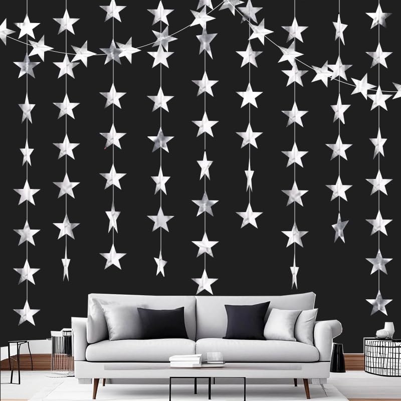 Silver Shining Star Hanging Garland Silver Hanging Sparkling Star Streamer Glitter Bunting Banner Twinkle Backdrop for Wedding Baby Shower Birthday Christmas Decorations 40 Feet - Image 3