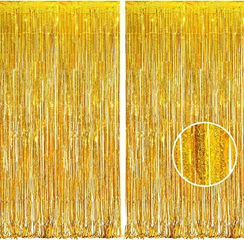 BRAVESHINE Gold Foil Fringe Curtains - 2Pcs 3.2x8.2ft Tinsel Photo Backdrop by BRAVESHINE