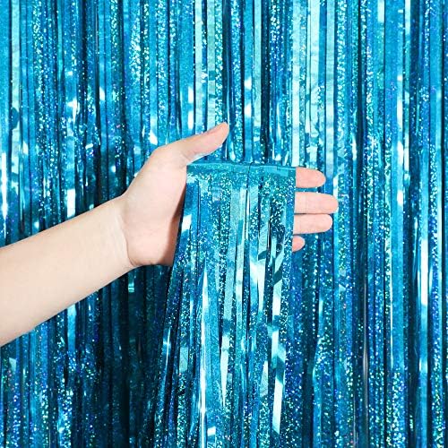Melsan Teal Blue Foil Curtain Backdrop for Birthday Decorations, 2 Pack - Image 2