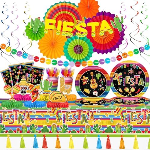 DMIGHT 101PCS Fiesta Party Supplies Set – Plates, Napkins, Fiesta Paper Fans, Banner, Tablecloth, Honeycomb Centerpieces – Perfect for Cinco de Mayo, Mexican Fiesta, and Fiesta Party Decorations by DMIGHT