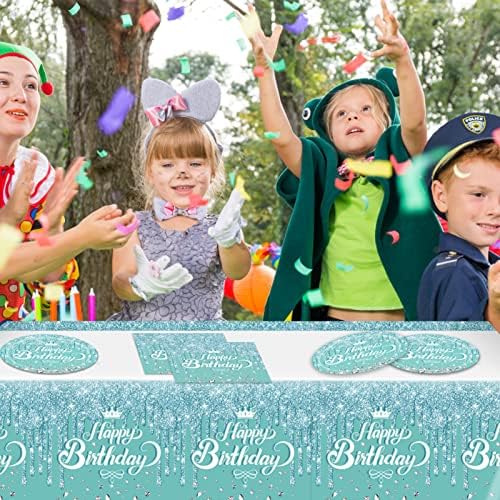 41 Pcs Teal and Silver Tableware Set for Happy Birthday Table Decorations Blue Birthday Theme Dessert Plates Napkins Tablecloth for 20 Guests Girls Women Silver Glitter Birthday Party Supplies - Image 6