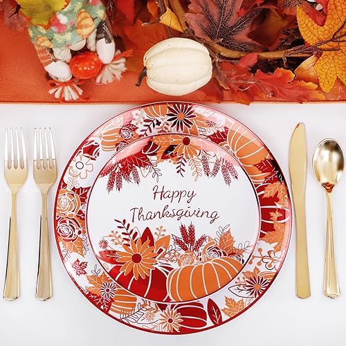 Rubtlamp 60PCS Thanksgiving Plastic Plates, White Orange Pumpkin Plates, Red Disposable Plates with Maple Leaves, Fall Disposable Plates Include 30 Dinner Plates, 30 Salad Plates For Thanksgiving - Image 6