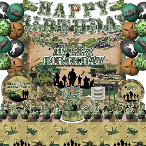 Army Birthday Party Decorations Includes Balloons- Army Banner-Cake Topper-Cupcake Toppers-Backdrop-Plates-Tablecloth-Napkins-Cups and Cutlery for Camo Birthday Party Decorations by ZEQICALF