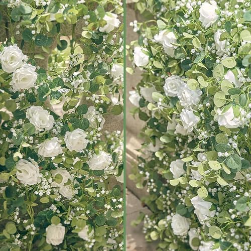 Anna's Whimsy 5.91FT Artificial Eucalyptus Garland with Flowers, Fake Flower Rose Gypsophila, Faux Floral Greenery Garland for Wedding Spring Home Party Craft Art Table Runner Decor - Image 2