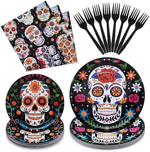 96 Pieces Day of the Dead Tableware Set - Mexican Sugar Skull Pattern Disposable Plates, Napkins, and Forks for Dia de los Muertos, Halloween, Fiesta, and Cultural Celebrations – Serves 24 by GistomeHome