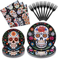 96 Pieces Day of the Dead Tableware Set - Mexican Sugar Skull Pattern Disposable Plates, Napkins, and Forks for Dia de los Muertos, Halloween, Fiesta, and Cultural Celebrations – Serves 24 by GistomeHome