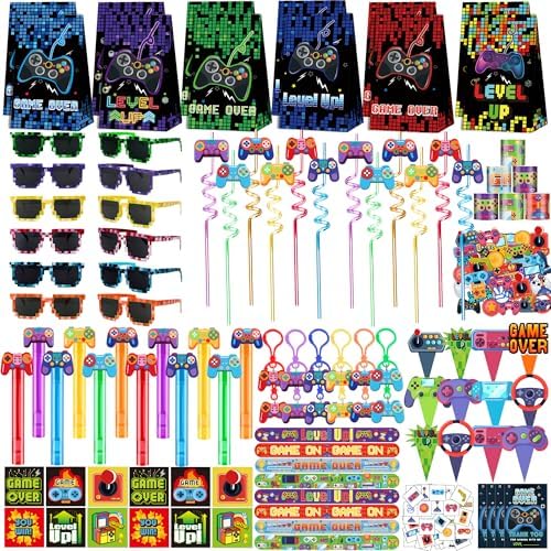 PLOUGVI 320PCS Video Game Party Favors for Kids-Including Goodie Bags, Glasses, Straws, Bubble Wands, Stickers, Cake Toppers, Tattoos & More-Perfect for Theme Party Decorations & Piñata Fillers by Unknown