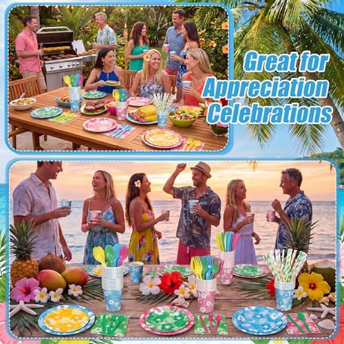450 Pcs Hawaiian Leaves Flowers Tableware Set, Serve 50, Colorul - Image 4