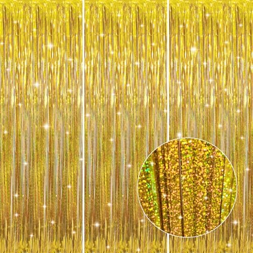 GOER 3.2 ft x 8.2 ft Metallic Tinsel Foil Fringe Curtains Party Photo Backdrop Party Streamers for Birthday,Graduation,New Year Eve Decorations Wedding Decor (3 Packs,Laser Gold) by GOER