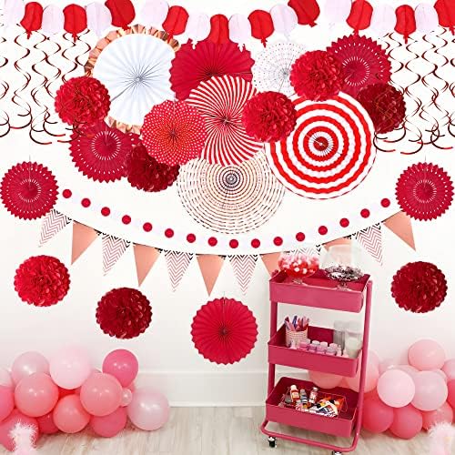 Moon Boat 35PCS Party Decorations Paper Fan Hanging Set - Birthday,Wedding,Baby Shower,Circus,Festival Decor (Red) - Image 2