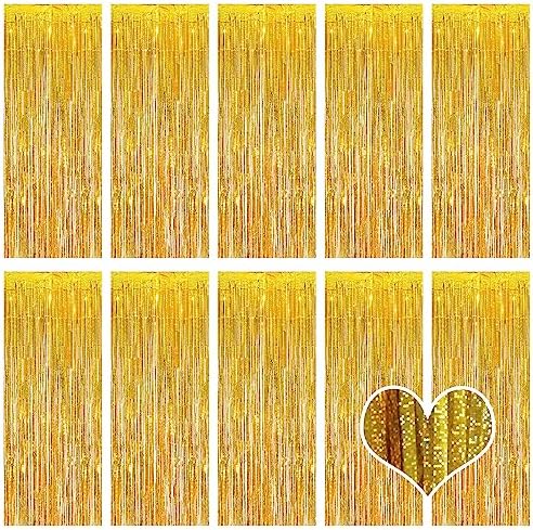 10 Pack Gold Backdrop Curtain 3.2ft x 8.2ft Metallic Tinsel Foil Fringe Curtains Photo Booth Background for Birthday Party Decoration Baby Shower Engagement Wedding Christmas Decoration (Gold) by Ohiyoo