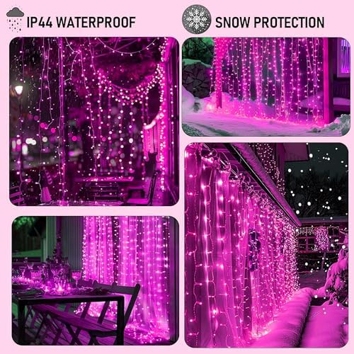 Dazzle Bright 300 LED Curtain String Lights, Valentine's Day Fairy Lights for Bedroom with 8 Lighting Modes, Connectable Waterproof Window Lights Party Wedding Garden Wall Christmas Decor, Pink - Image 7