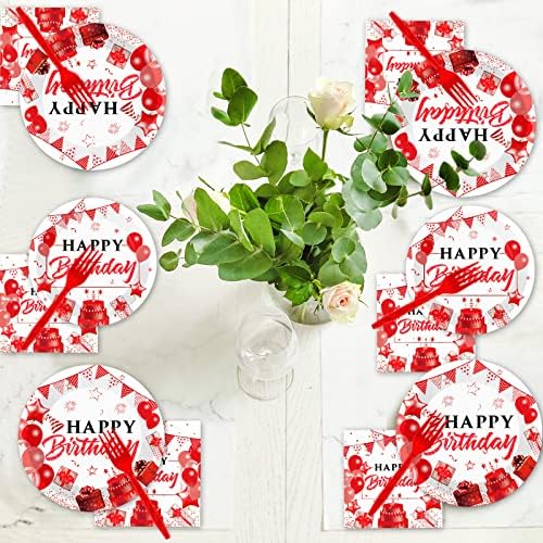 96pcs Red White and Gold Birthday Plates Napkins Forks Party Tableware Set Confetti Sprinkles Happy Birthday Party Decorations Red Table Decors for Men Women for 24 Guests - Image 6