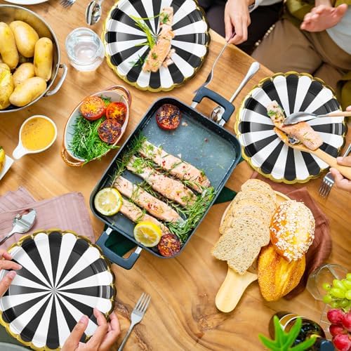 50 Pcs Black Party Paper Plates with Gold Scalloped Edge, Black Disposable 9 inch Scalloped Paper Dessert Plates Party Supplies for Birthday Bridal Shower Picnic, Striped - Image 6